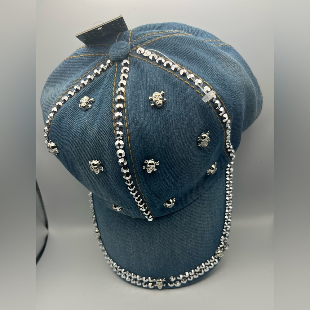 Olivia & Kate New York Denim Baseball Cap With Rhinestones and skulls